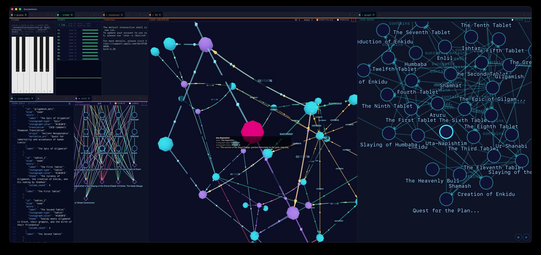 Exoskeleton showing three synced graph layouts of the same dataset — a node selected in the 3D force graph lights up simultaneously in the 2D graph panel via identity-based sync